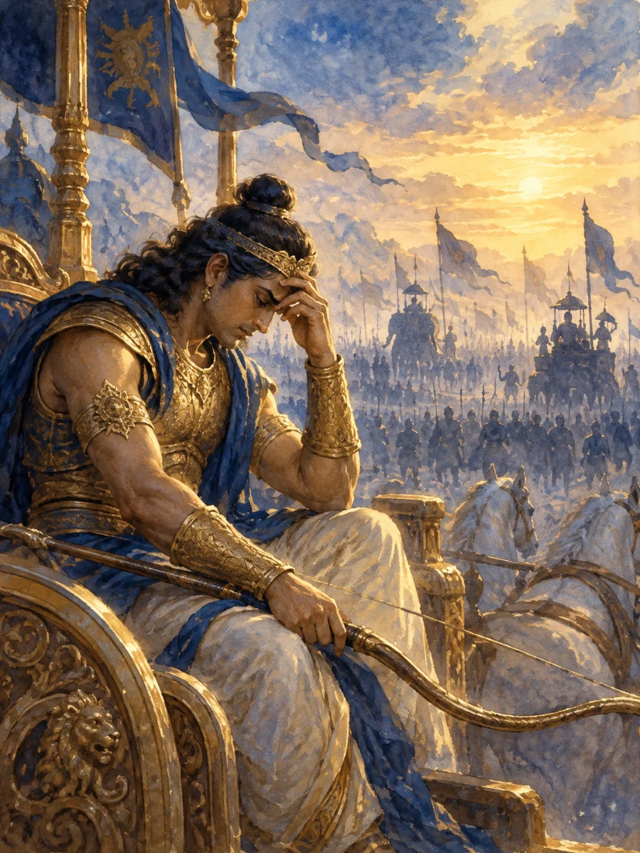 Arjuna abatido no campo de batalha de Kurukṣetra
