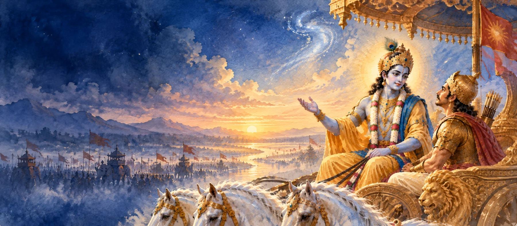 Kṛṣṇa conduzindo Arjuna na carruagem, diante do amanhecer em Kurukṣetra